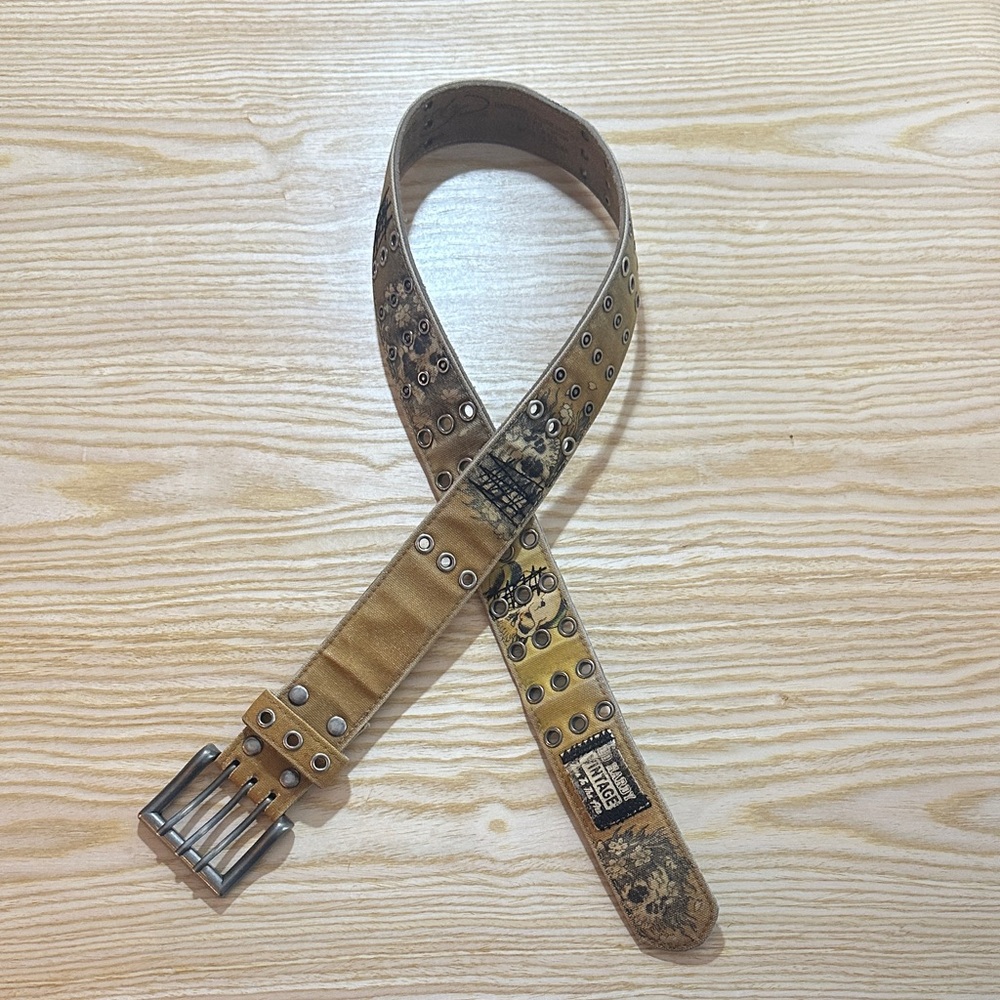 Ed Hardy Y2K Vintage Leather Skulls Trashed Brown Army Buckle Belt